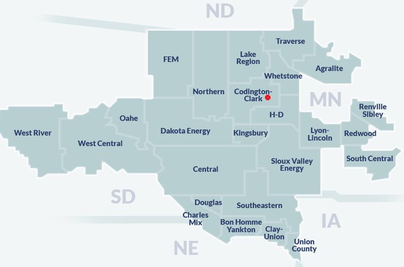 A map of R.E.E.D.s territory, mostly Co-ops in SD, some in MN, IA & NE