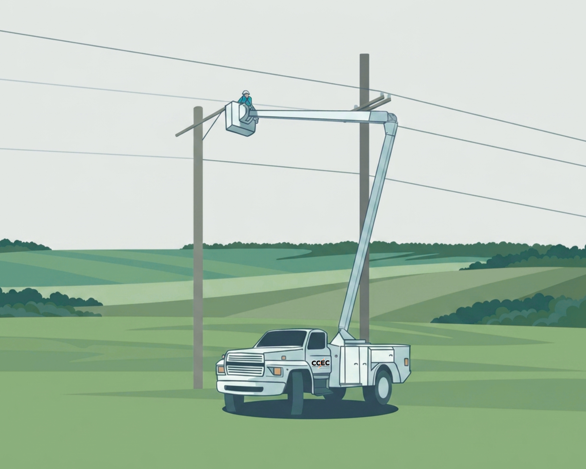 Rural scene of a ineman working in the bucket on the power lines